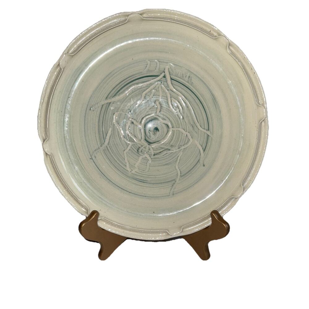 Studio Art Pottery Ceramic Turquoise Green Glazed Plate Impressed 9.5 Inches